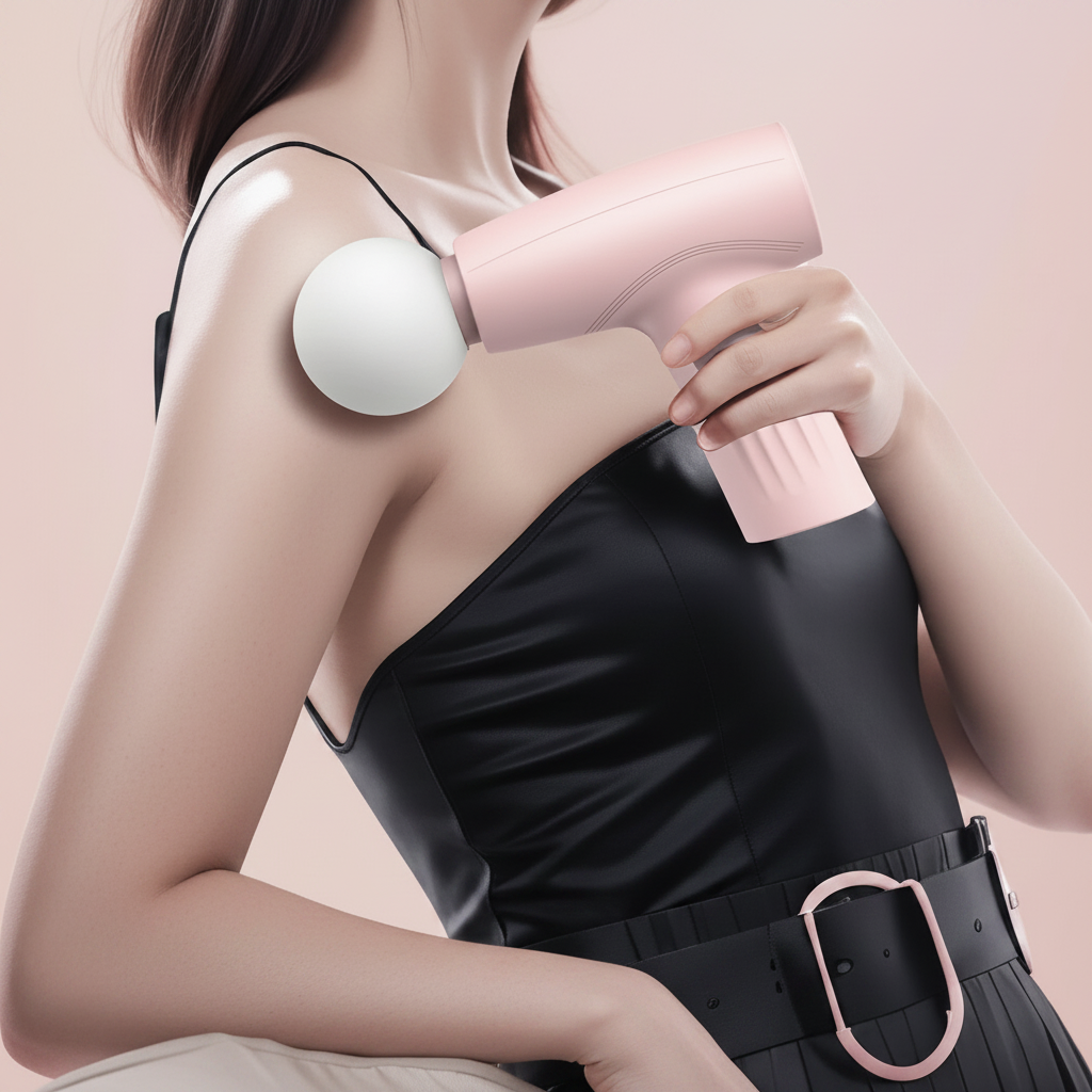 HNoori CoreRelief Mini Deep Tissue Massage Gun with ergonomic grip and multiple attachment heads for targeted muscle relief.