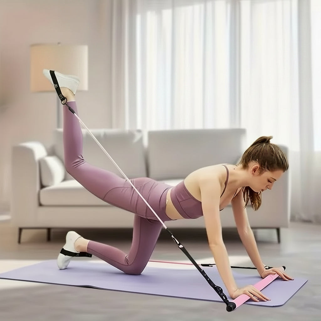 HNoori CoreFlex Pilates Resistance Bar Kit with elastic bands for fitness and strength training exercises.