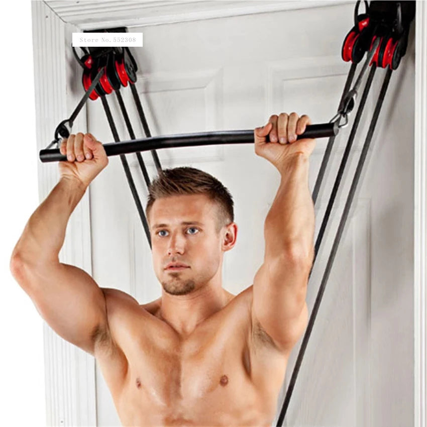HNoori VitaForce elastic resistance pull rope for strength training, shown attached to a door for indoor chest and arm exercises.